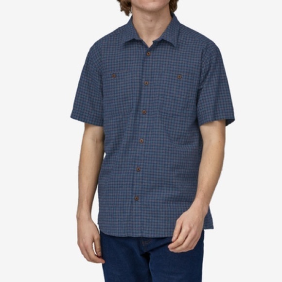 Patagonia Back Step Short Sleeve Button Front Shirt Blue Gray Plaid Checked Sz S - Picture 1 of 13